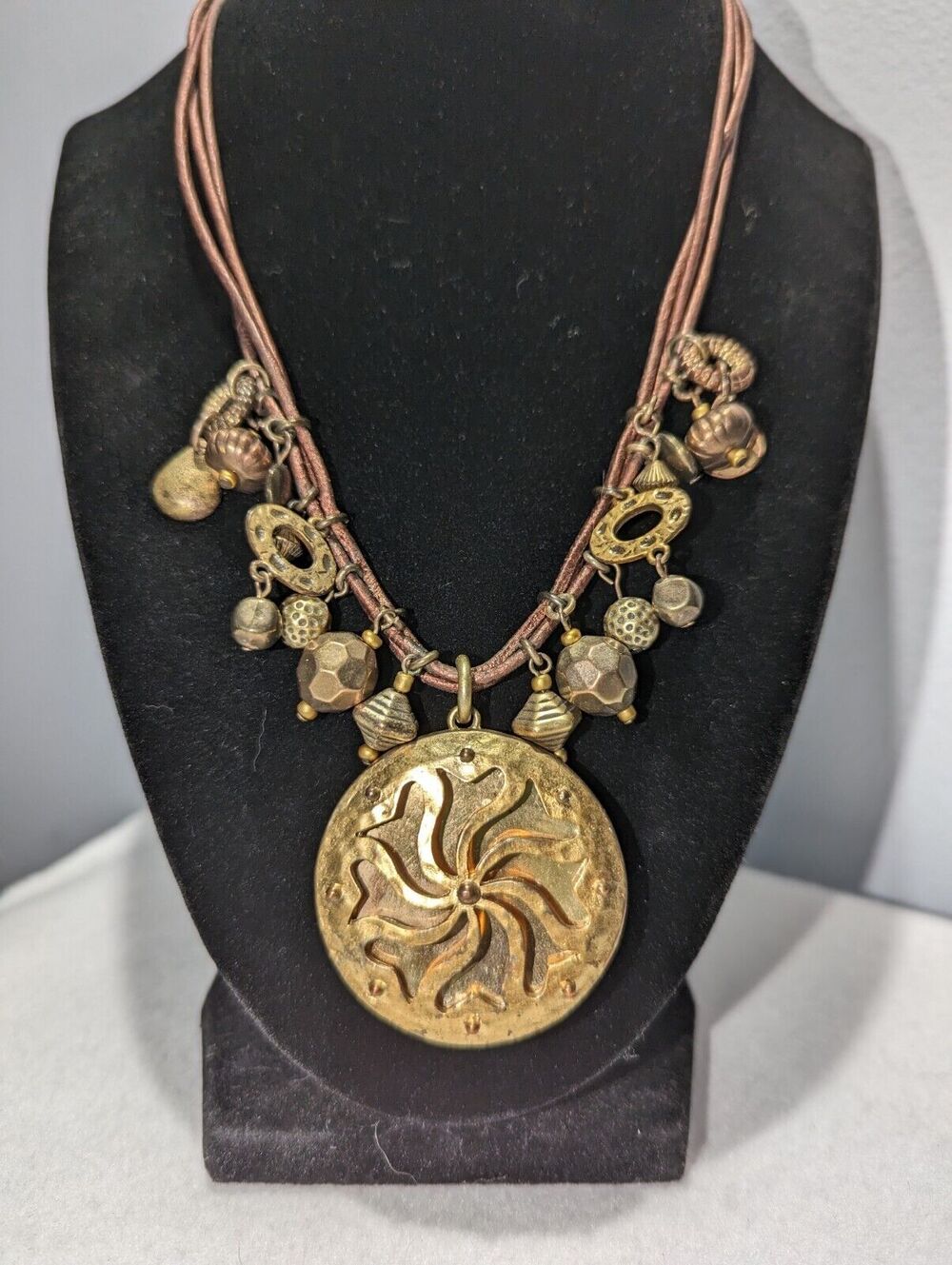 Boho Brass Pendant and Beads on Copper Brown Cord